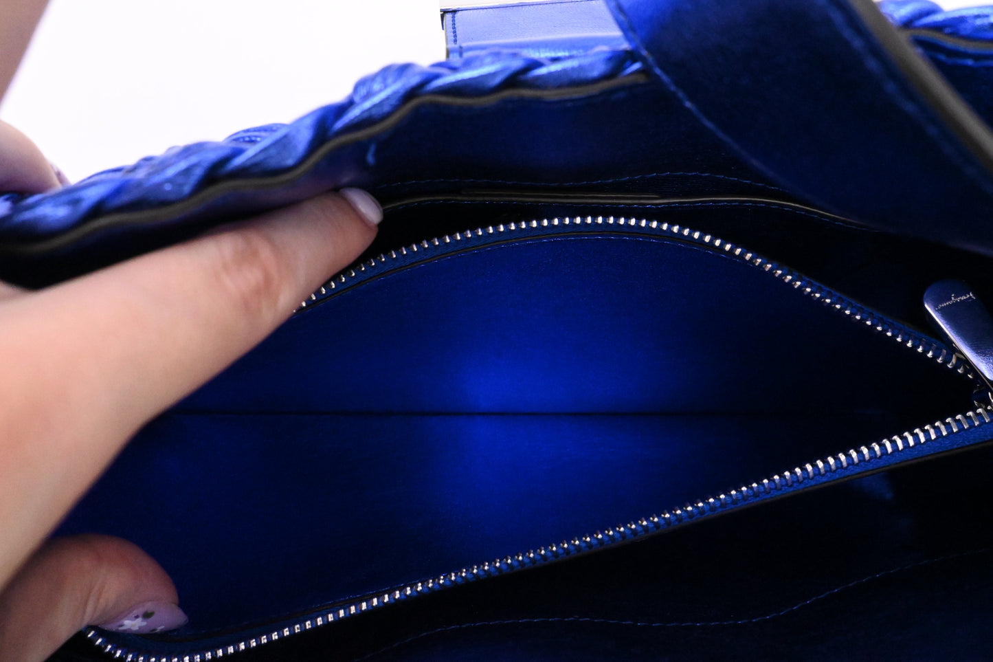 Ferragamo Trifolio Shoulder Bag in Metallic Blue Leather