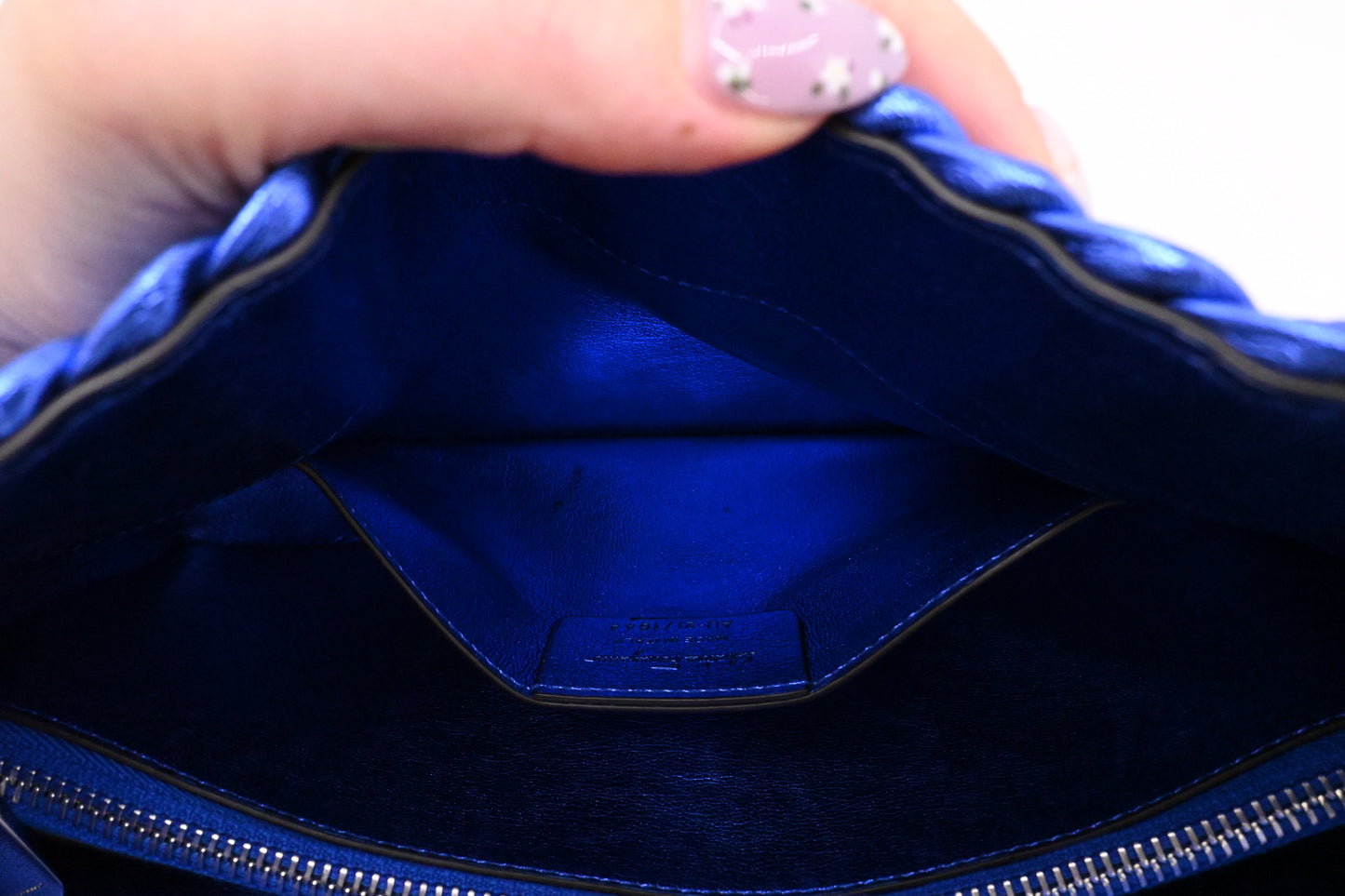 Ferragamo Trifolio Shoulder Bag in Metallic Blue Leather