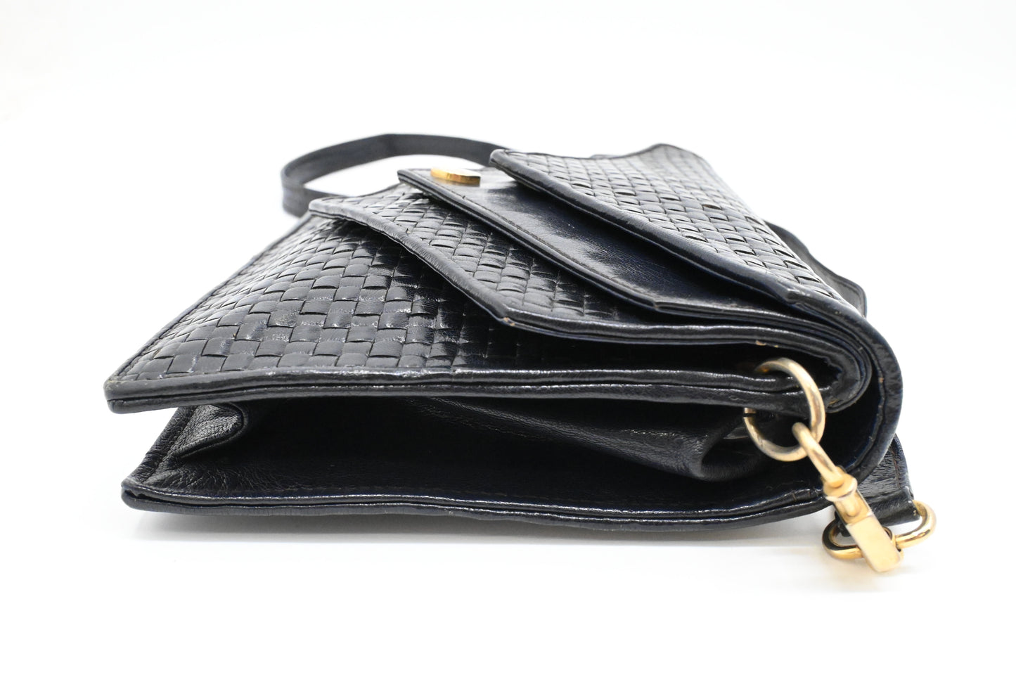 Fendi Triple Flap Shoulder Bag in Black Waved Leather