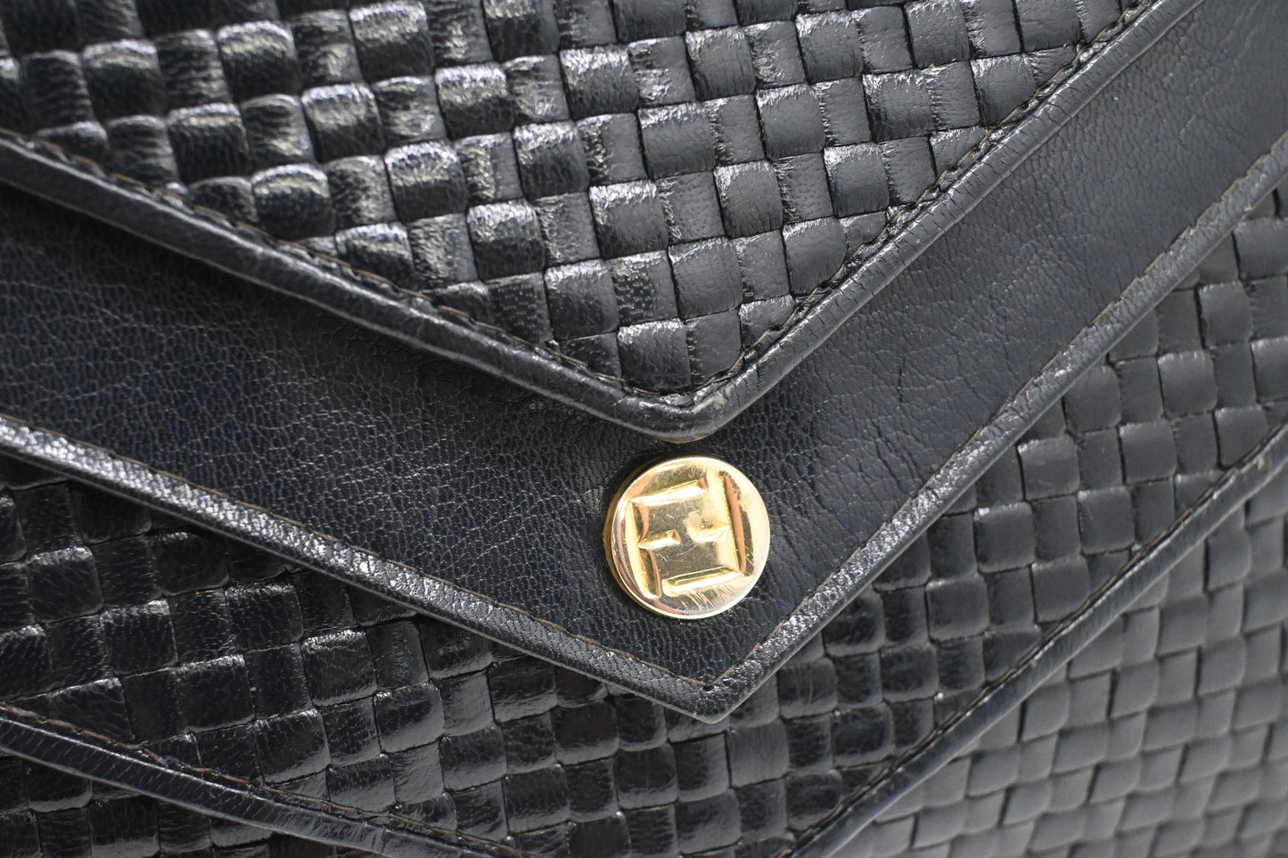 Fendi Triple Flap Shoulder Bag in Black Waved Leather