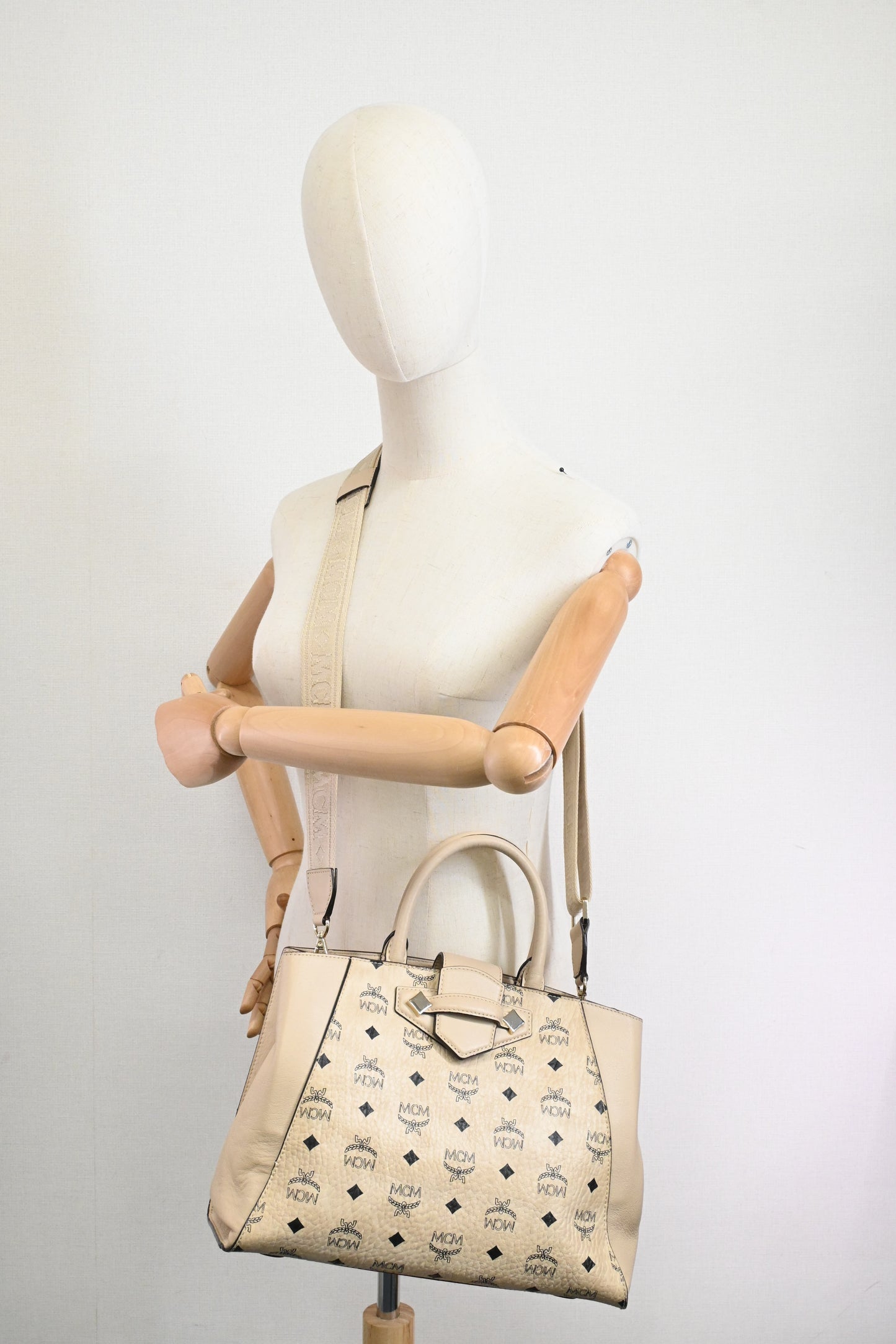 MCM Two Way Bag in Beige Visetos Canvas