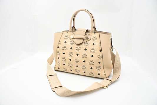 MCM Two Way Bag in Beige Visetos Canvas