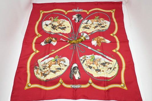 Hermes Carre 90 "Le Laisser Courre" in Red Silk
