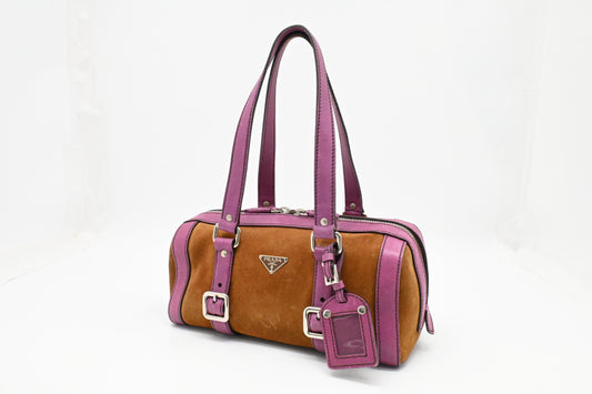 Prada Boston Bag in Brown Suede and Purple Leather