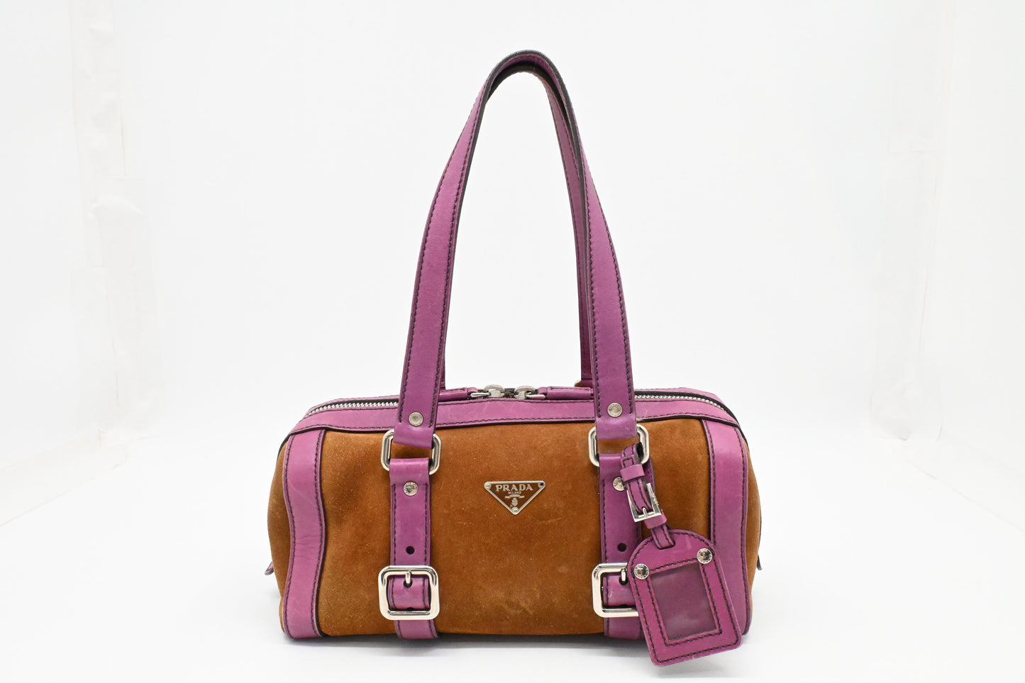 Prada Boston Bag in Brown Suede and Purple Leather