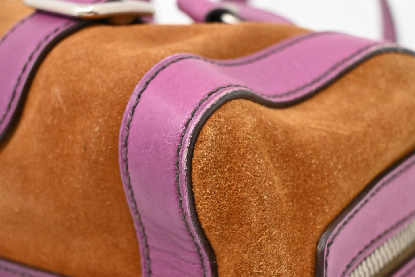 Prada Boston Bag in Brown Suede and Purple Leather