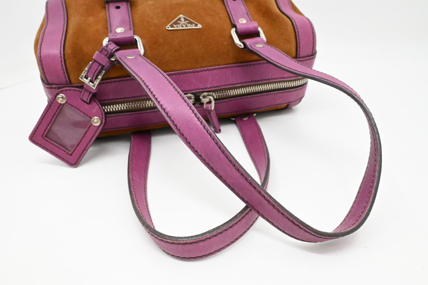 Prada Boston Bag in Brown Suede and Purple Leather