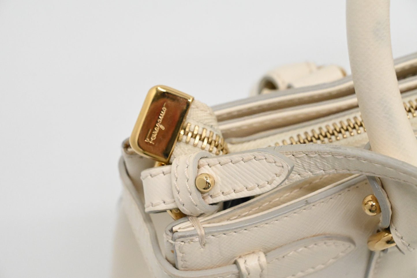 Ferragamo Vara Handbag in Cream Leather