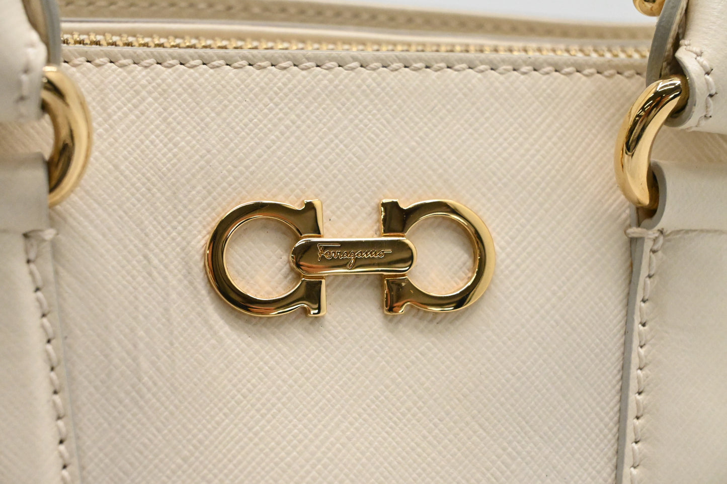 Ferragamo Vara Handbag in Cream Leather