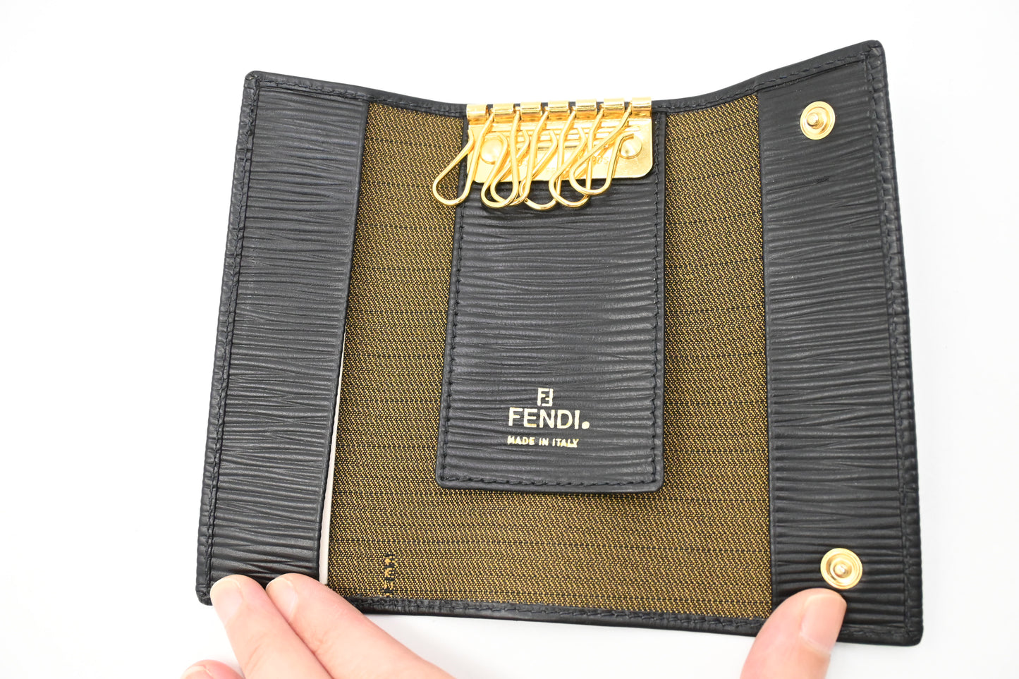 Fendi Key Case in Black Textured Leather