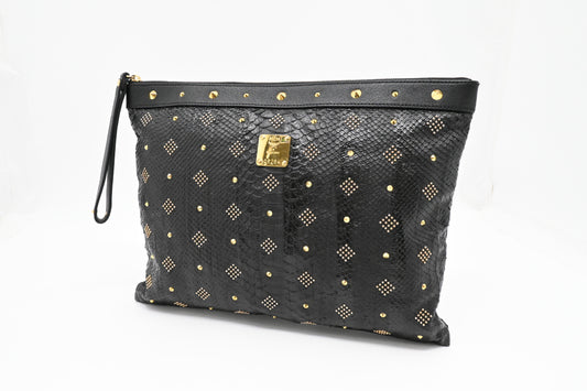 MCM Clutch in Black Faux Python Leather