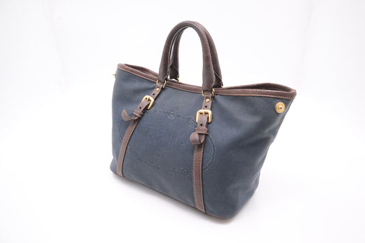 Prada Logo Handbag in Brown Leather and Navy Canvas