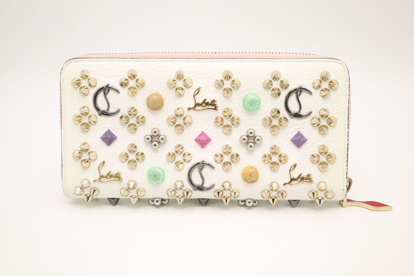 Louboutin Panettone Wallet in White Loubinthesky Spiked Leather