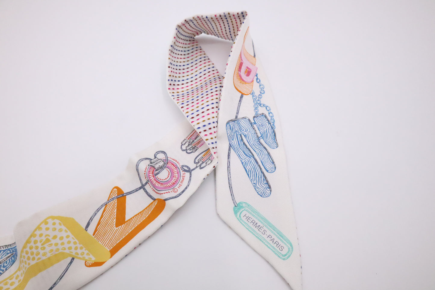 Hermes Twilly in White Multicolor Silk
