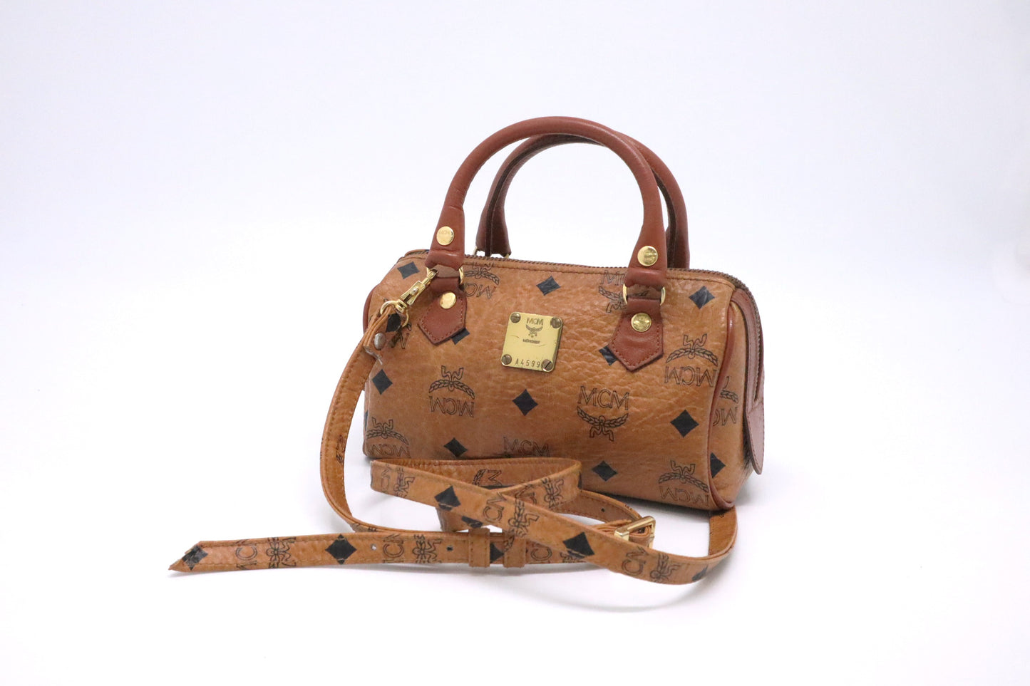 MCM Mini Boston in Cognac Visetos Canvas