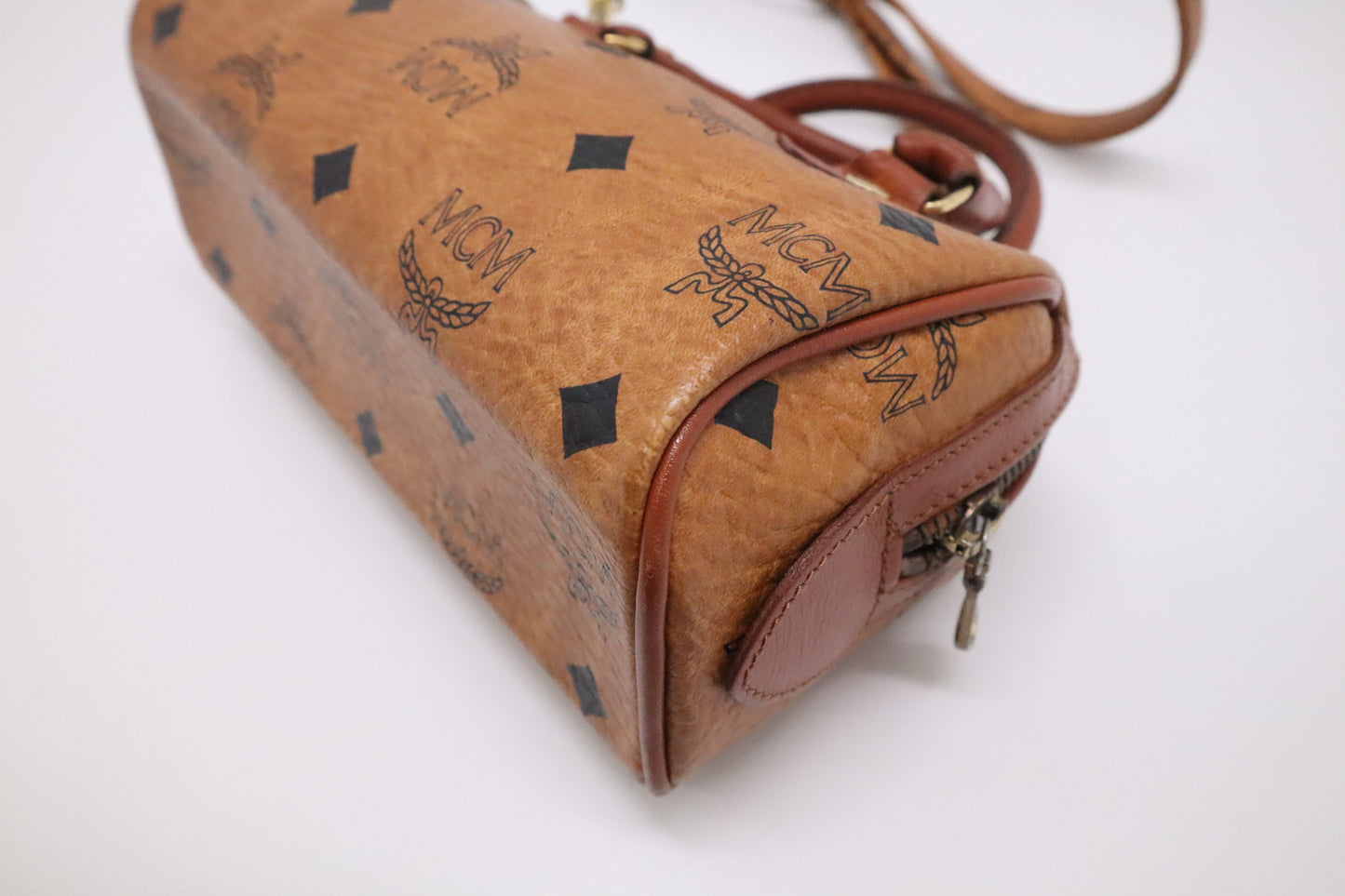 MCM Mini Boston in Cognac Visetos Canvas