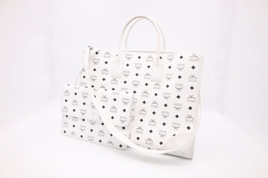 MCM Tote in White Visetos Canvas