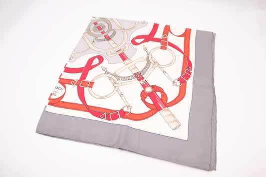 Hermes "Eperon D'or" Carre 90 in Grey and Red Silk