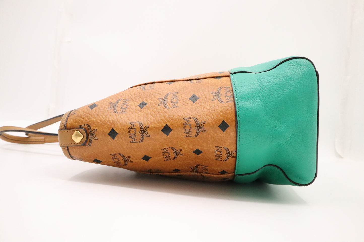MCM Shopper Tote in Cognac Visetos Canvas and Turquoise Leather