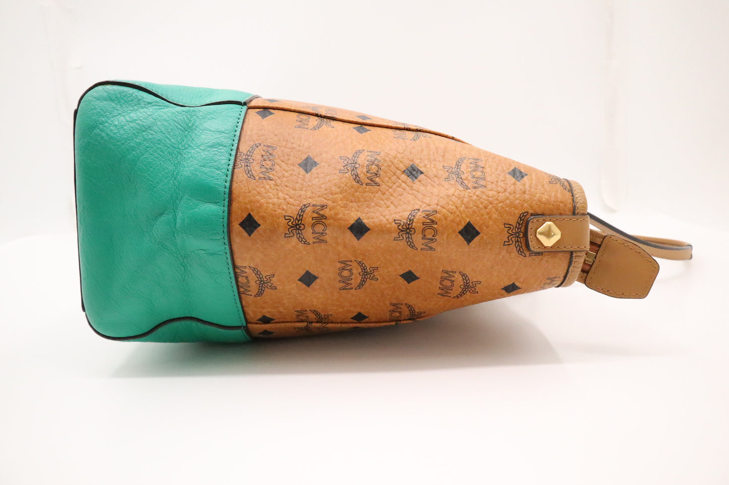 MCM Shopper Tote in Cognac Visetos Canvas and Turquoise Leather
