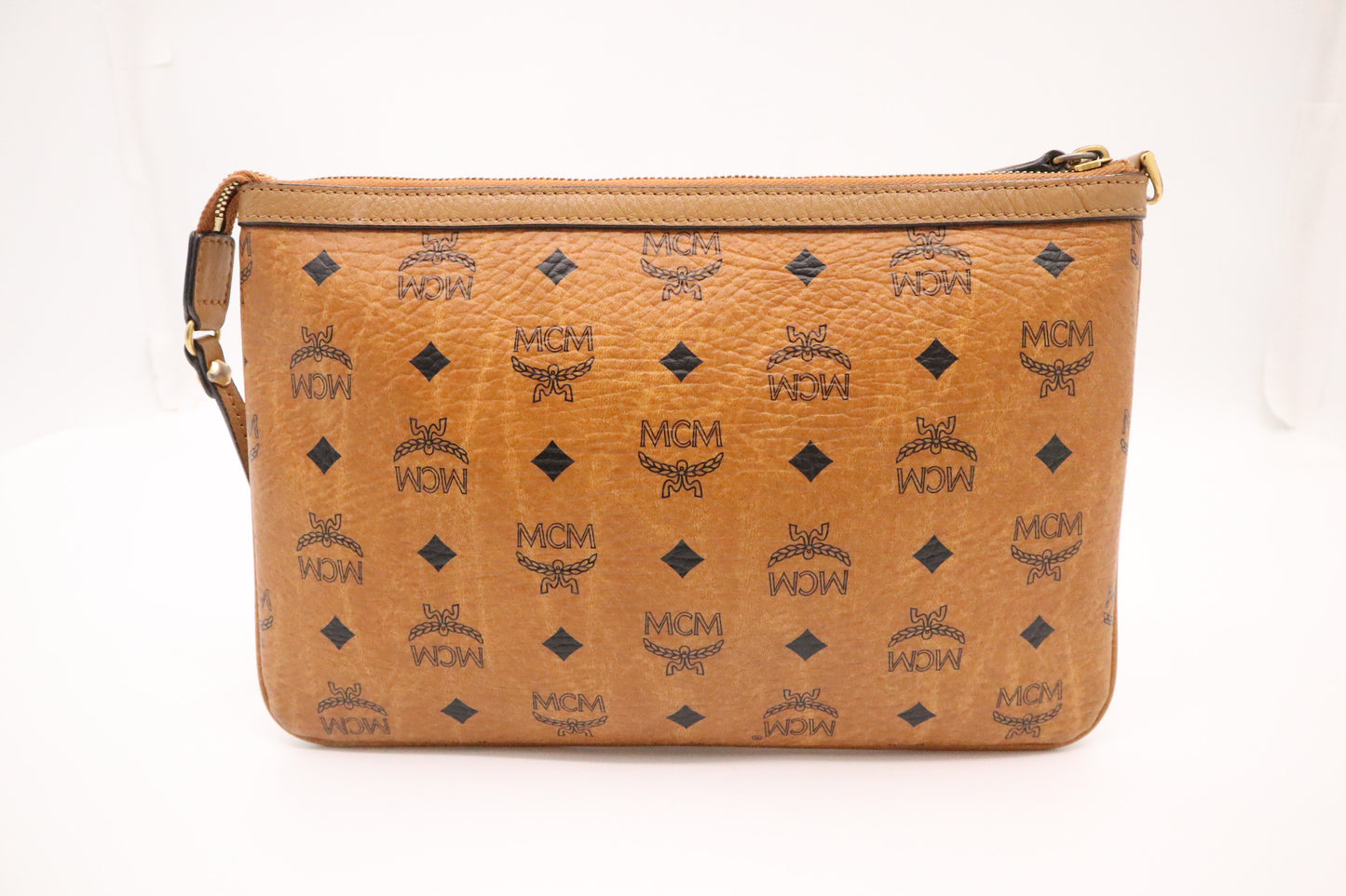 MCM Shopper Tote in Cognac Visetos Canvas and Turquoise Leather
