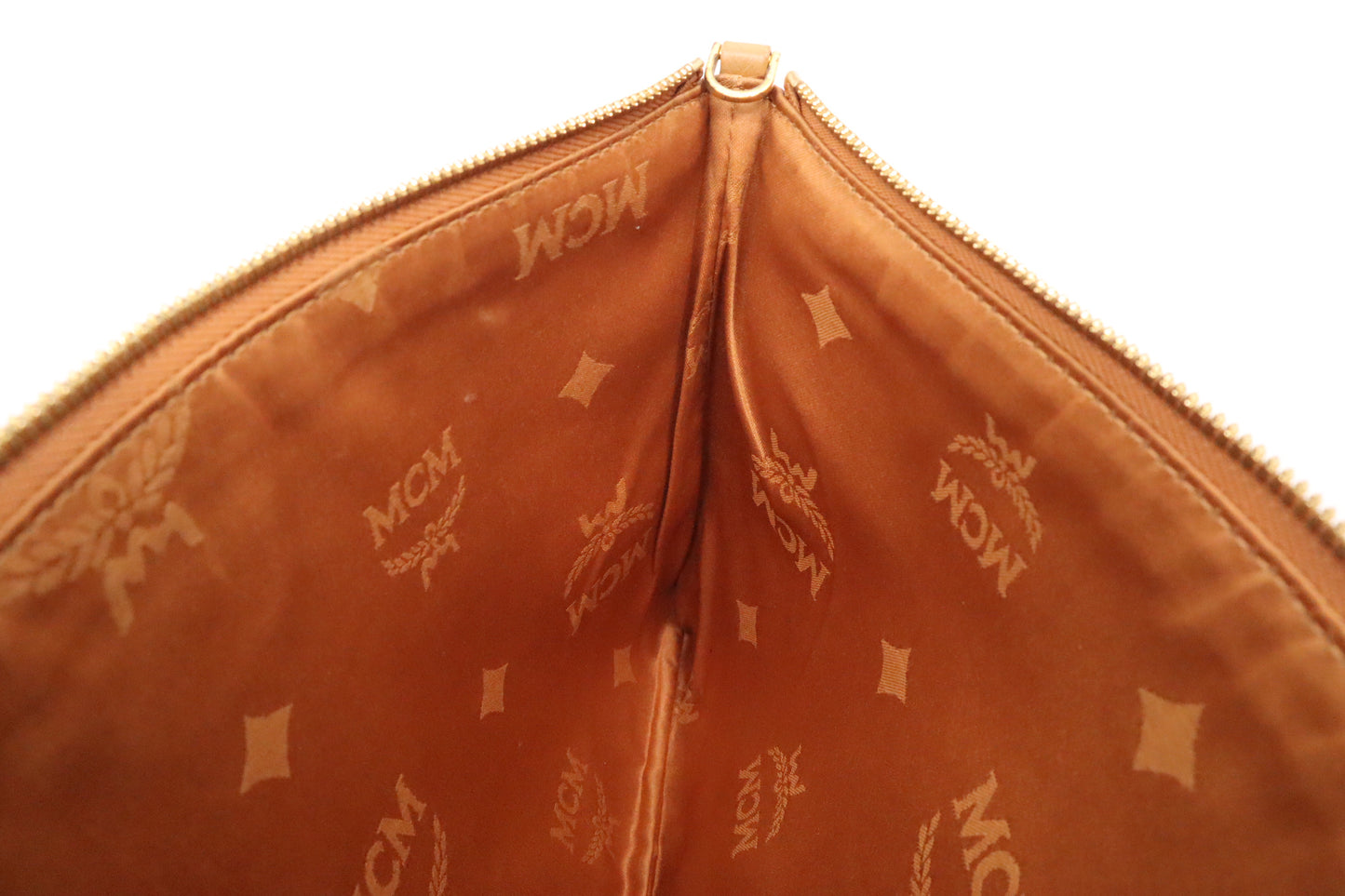 MCM Shopper Tote in Cognac Visetos Canvas and Turquoise Leather
