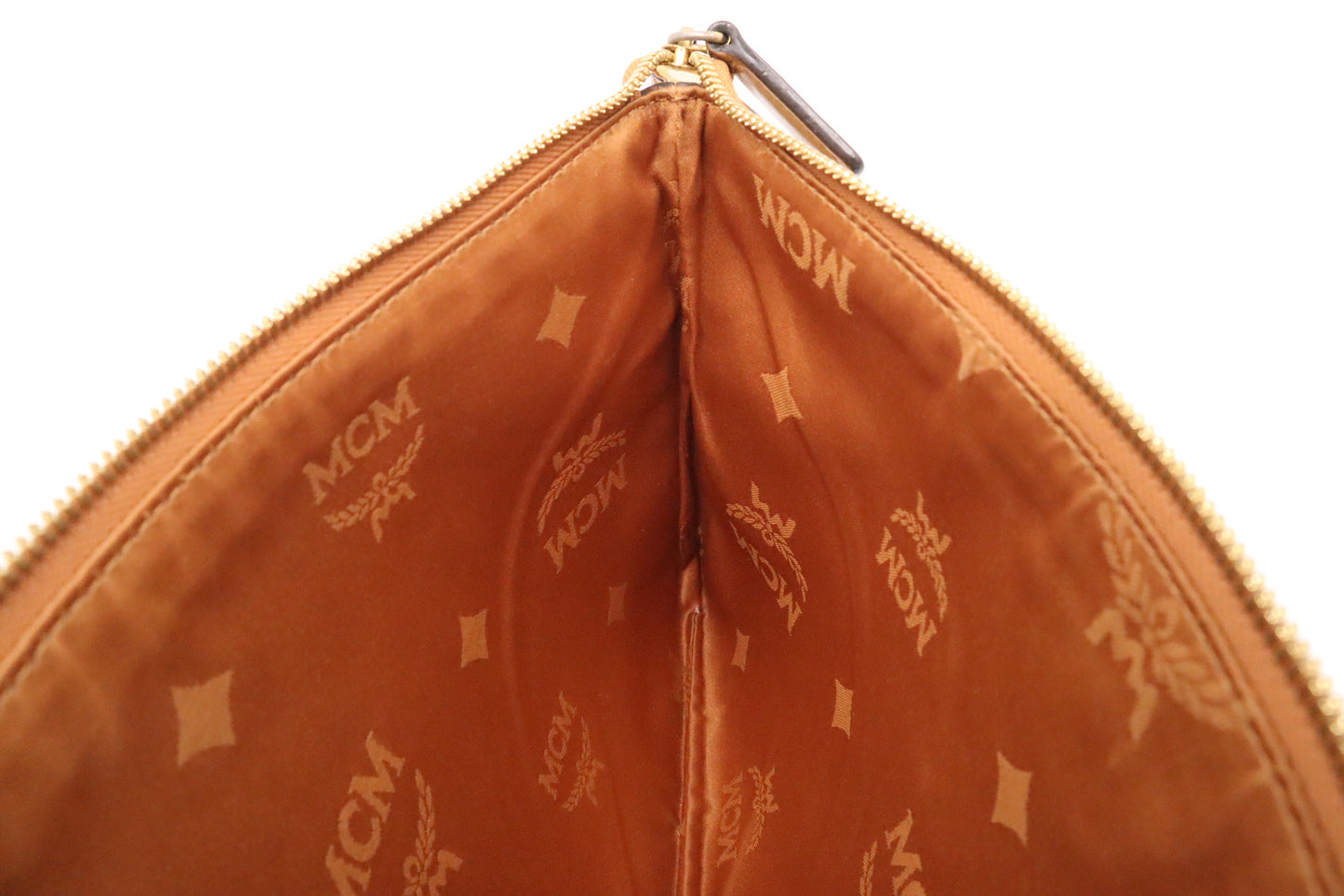 MCM Shopper Tote in Cognac Visetos Canvas and Turquoise Leather