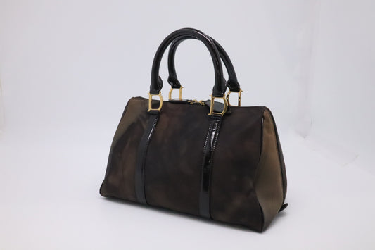 Dior Boston Bag in Brown Nylon and Black Patent Leather