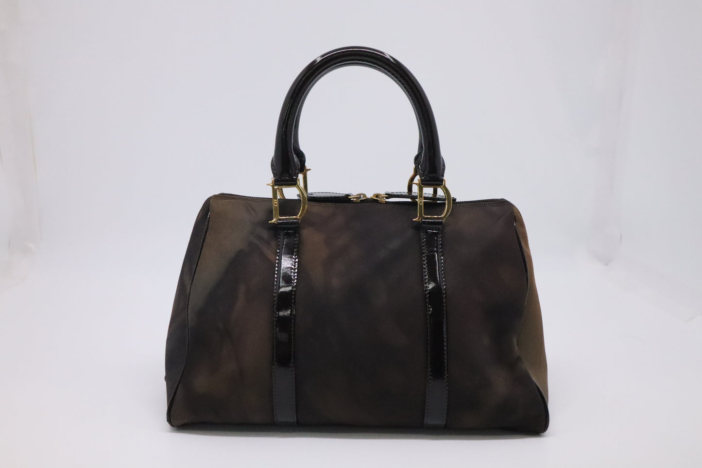 Dior Boston Bag in Brown Nylon and Black Patent Leather
