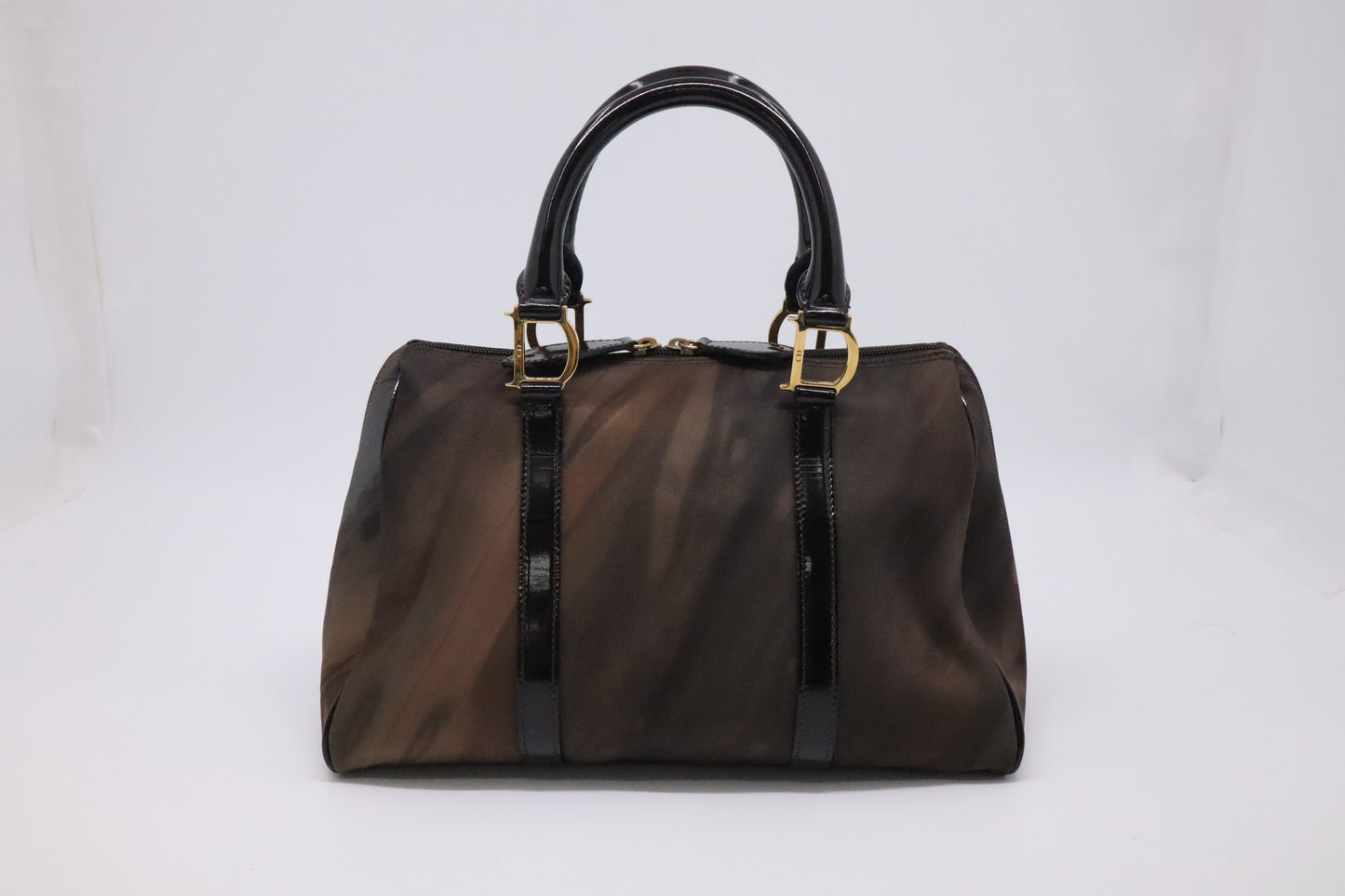 Dior Boston Bag in Brown Nylon and Black Patent Leather