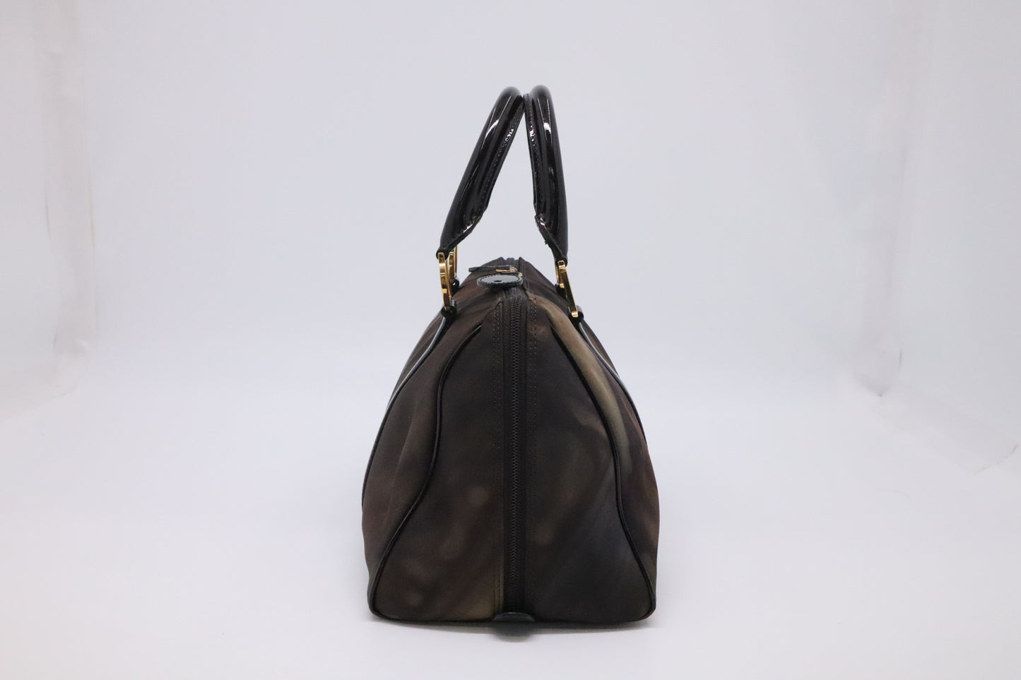 Dior Boston Bag in Brown Nylon and Black Patent Leather