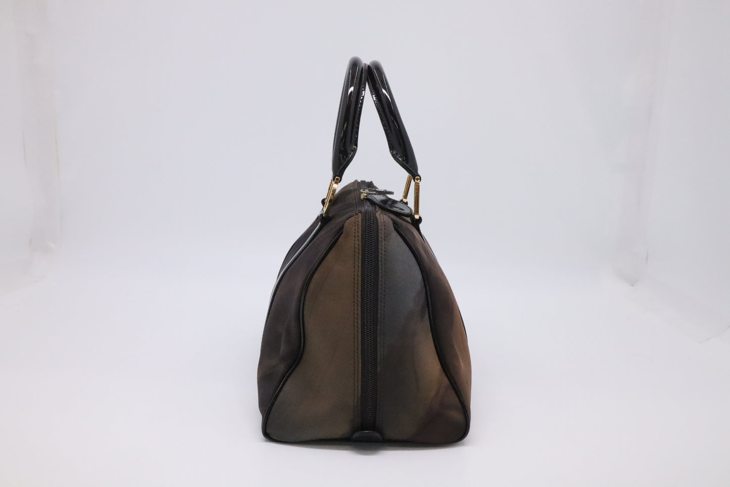 Dior Boston Bag in Brown Nylon and Black Patent Leather
