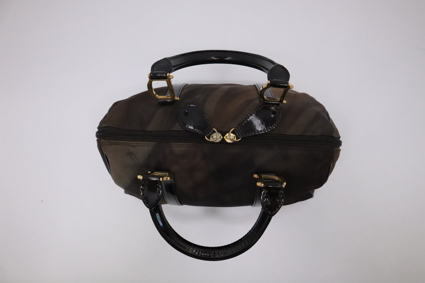 Dior Boston Bag in Brown Nylon and Black Patent Leather