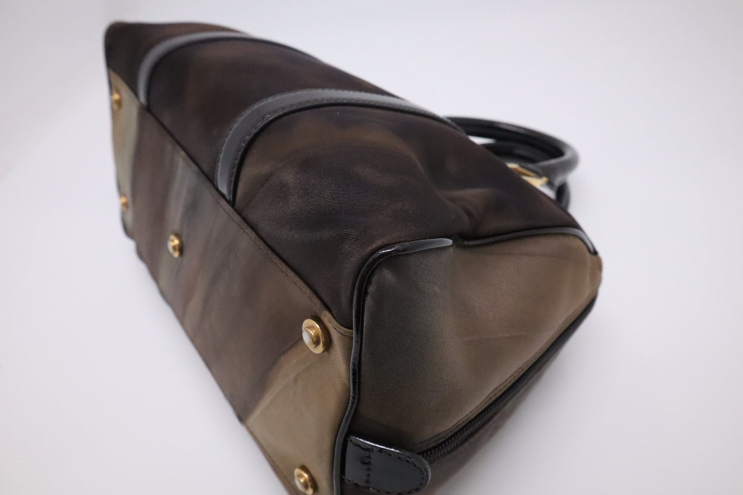 Dior Boston Bag in Brown Nylon and Black Patent Leather