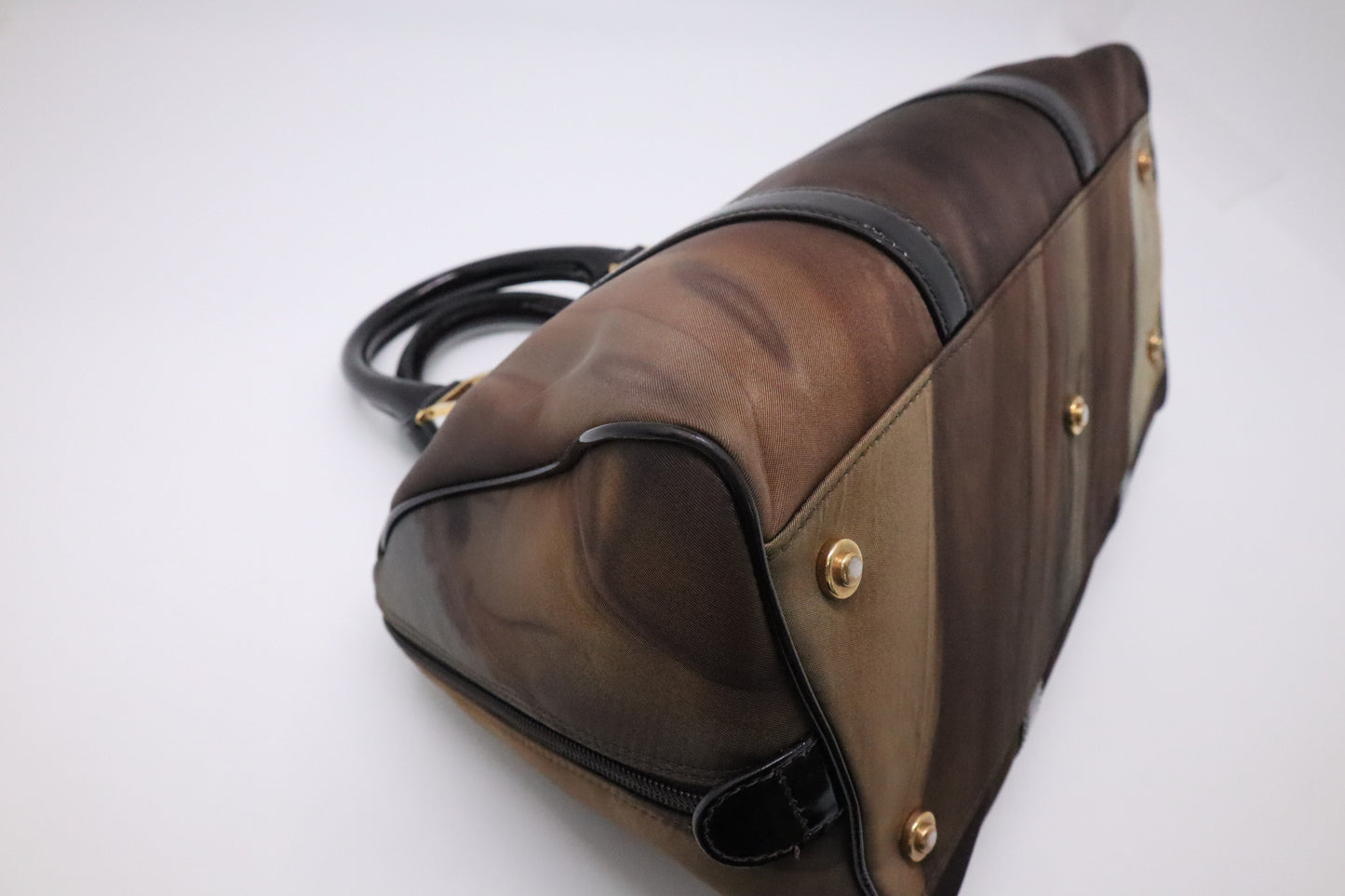 Dior Boston Bag in Brown Nylon and Black Patent Leather