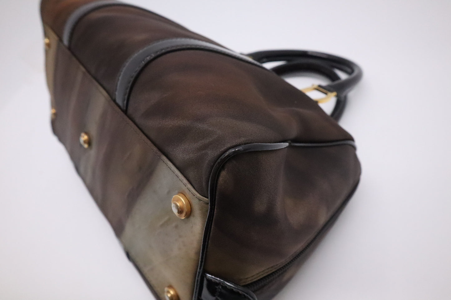 Dior Boston Bag in Brown Nylon and Black Patent Leather