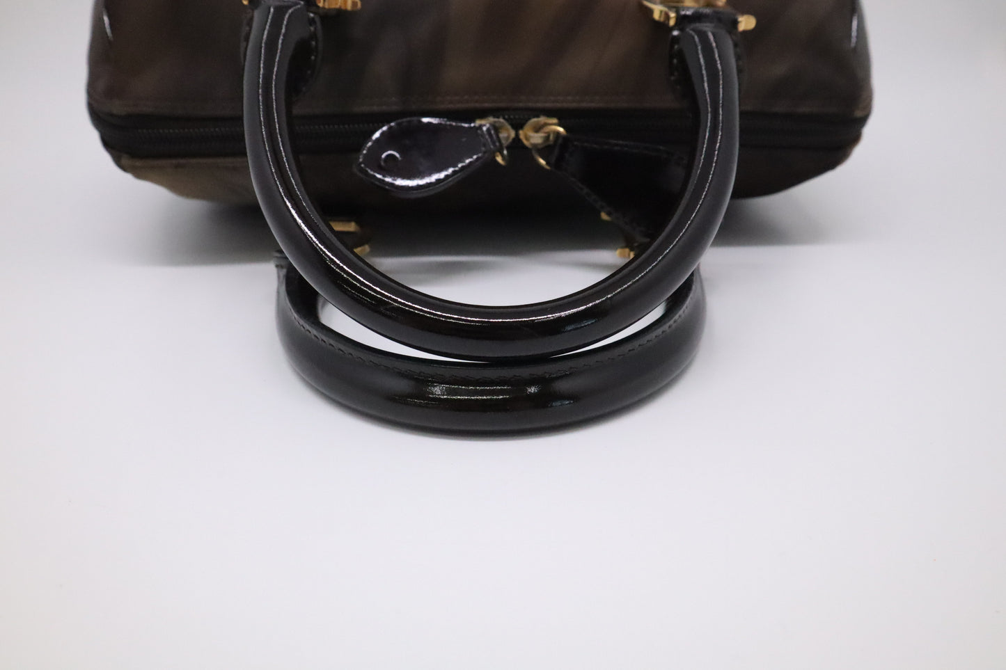 Dior Boston Bag in Brown Nylon and Black Patent Leather