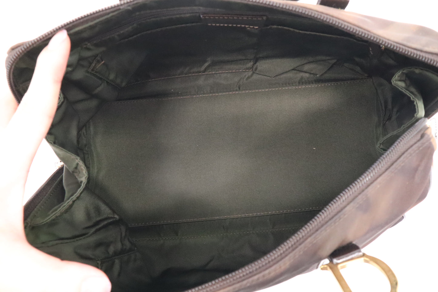 Dior Boston Bag in Brown Nylon and Black Patent Leather