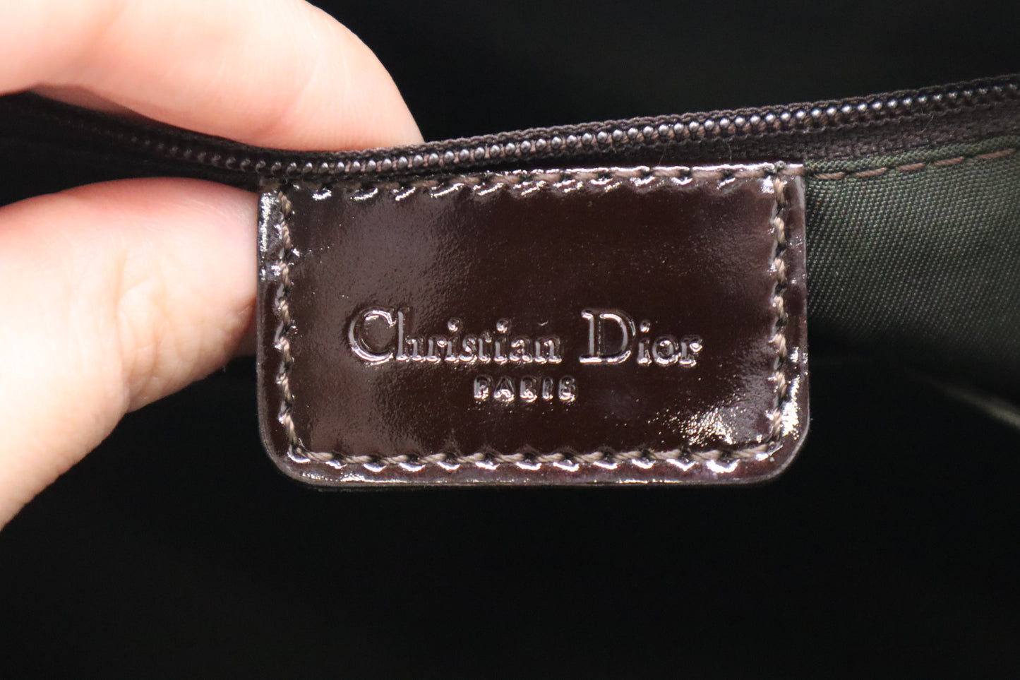 Dior Boston Bag in Brown Nylon and Black Patent Leather