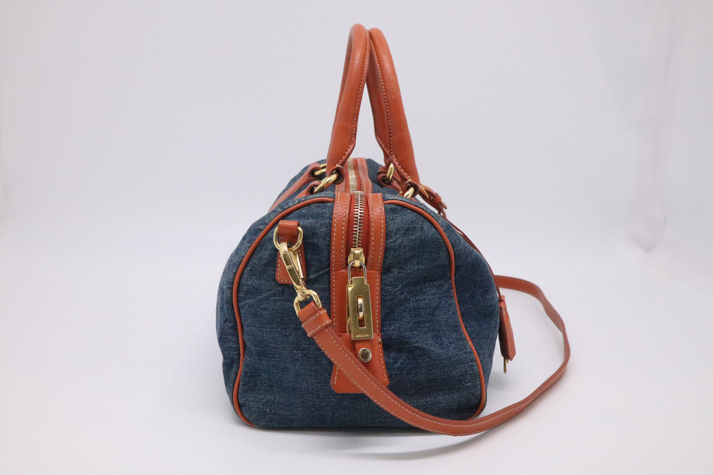 Prada Bauletto Shoulder Bag in Denim and Orange Leather