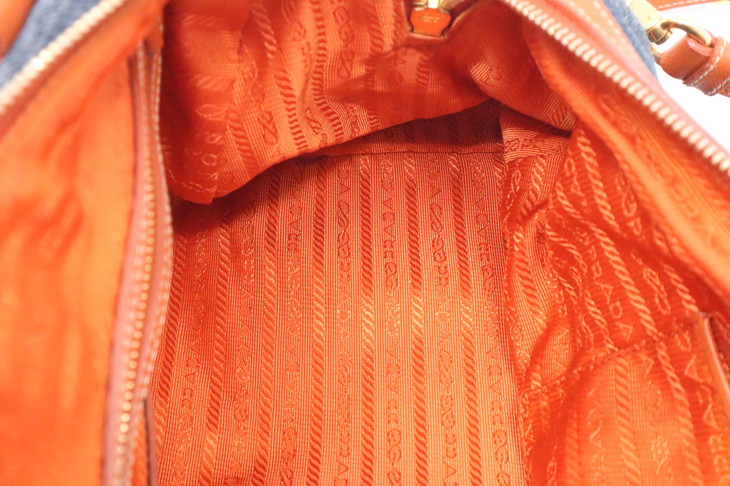 Prada Bauletto Shoulder Bag in Denim and Orange Leather