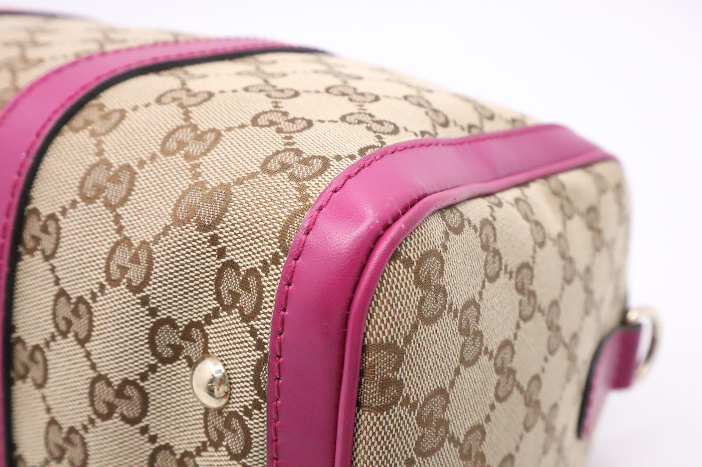 Gucci Boston Bag in Brown Canvas & Fuschia Leather
