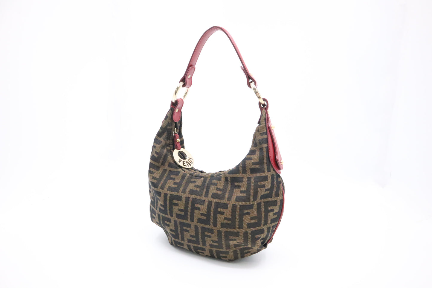 Fendi Shoulder Bag in Zucca Canvas and Red Leather