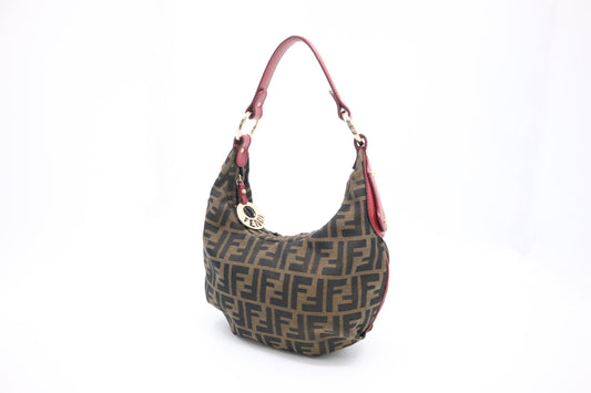 Fendi Shoulder Bag in Zucca Canvas and Red Leather