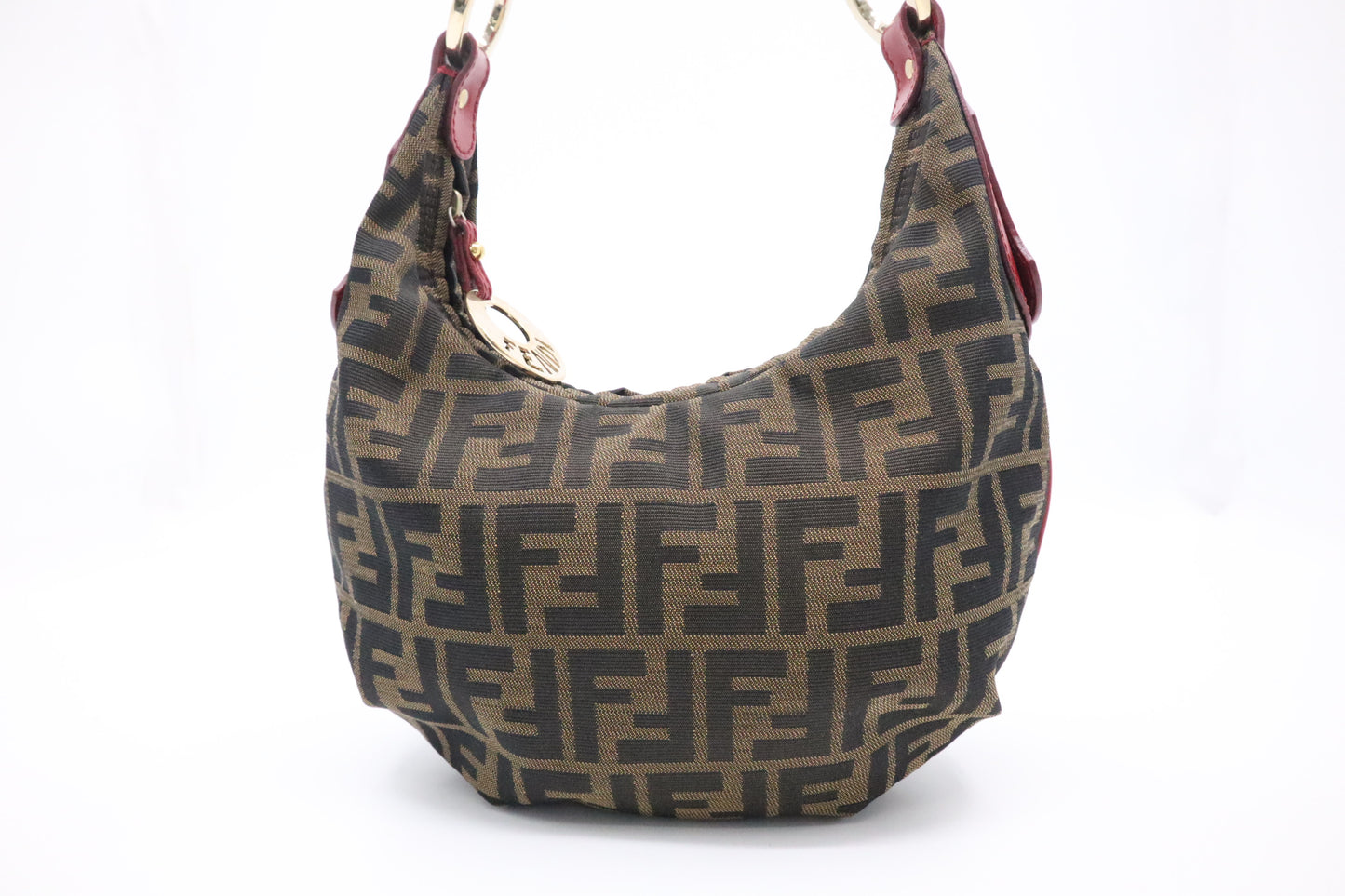Fendi Shoulder Bag in Zucca Canvas and Red Leather