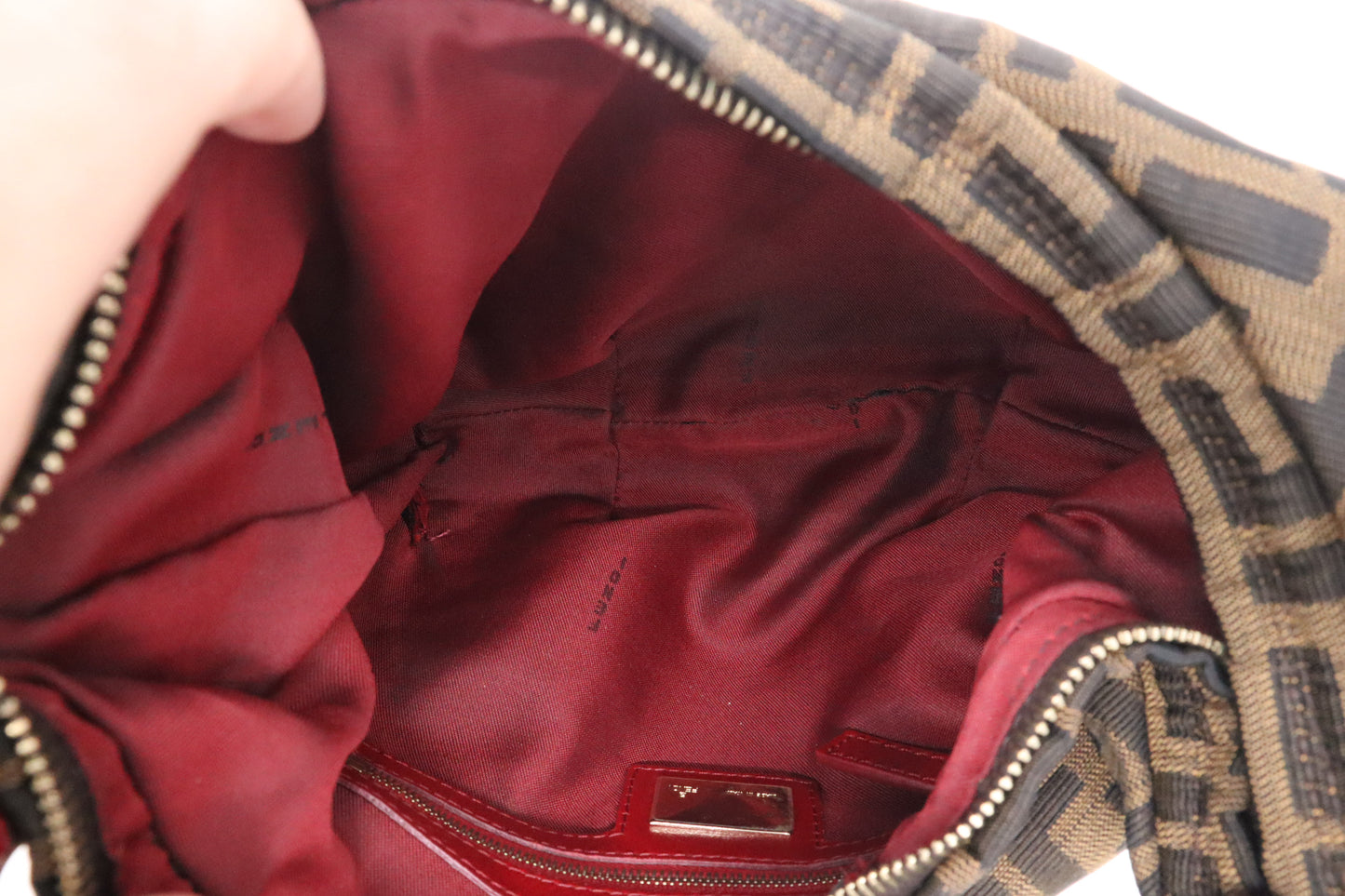 Fendi Shoulder Bag in Zucca Canvas and Red Leather