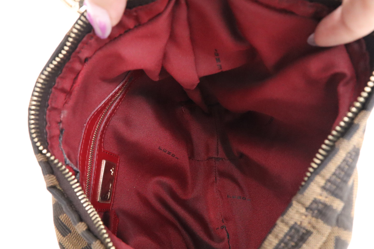 Fendi Shoulder Bag in Zucca Canvas and Red Leather