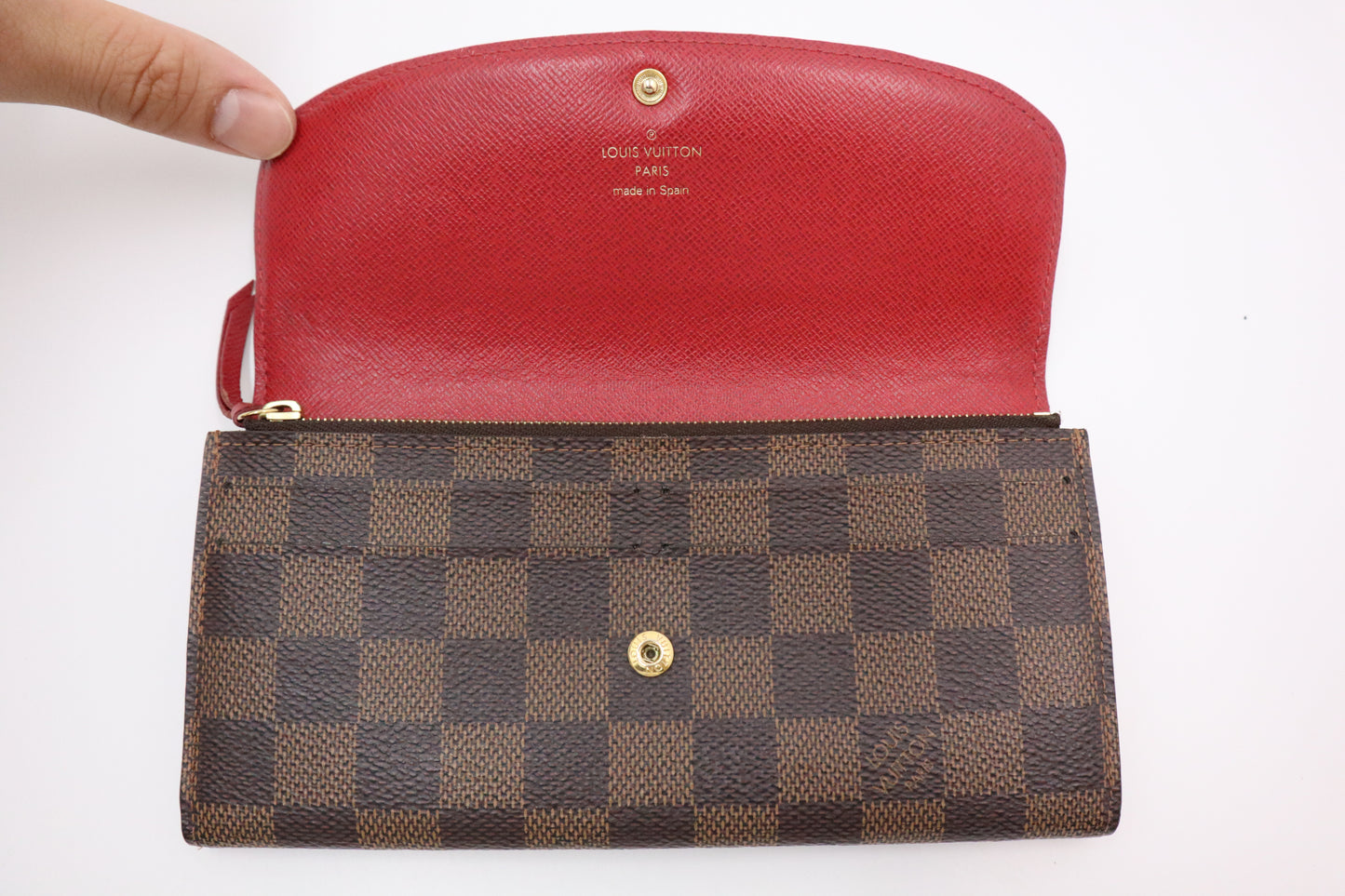 Louis Vuitton Emilie Wallet in Damier Graphite and Red Leather