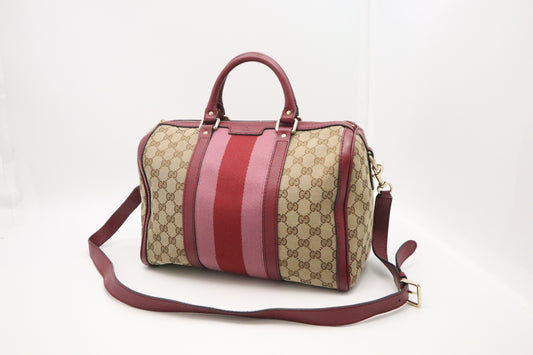 Gucci Boston Bag in Burgundy Leather and Beige GG Canvas