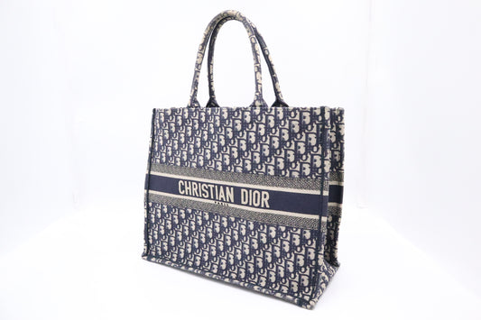 Dior Large Book Tote in Navy Oblique Embroidery Canvas